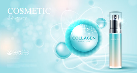 Cosmetics or skin care product ads with bottle and blue background glittering light effect. vector illustration design.のイラスト素材