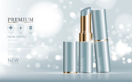 Hydrating facial lipstick for annual sale or festival sale. silver and gold lipstick mask bottle isolated on glitter particles background. Graceful cosmetic ads, illustration.のイラスト素材