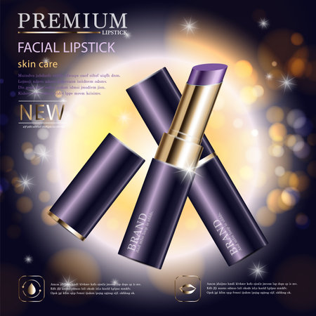Hydrating facial lipstick for annual sale or festival sale. silver and gold lipstick mask bottle isolated on glitter particles background. Graceful cosmetic ads, illustration.のイラスト素材