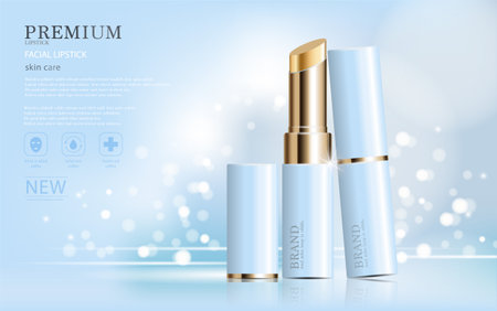 Hydrating facial lipstick for annual sale or festival sale. silver and gold lipstick mask bottle isolated on glitter particles background. Graceful cosmetic ads, illustration.のイラスト素材