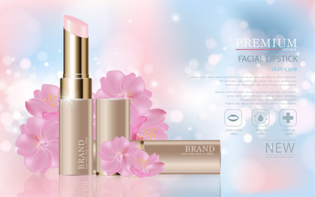 Hydrating facial lipstick for annual sale or festival sale. silver and gold lipstick mask bottle isolated on glitter particles background. Graceful cosmetic ads, illustration.のイラスト素材