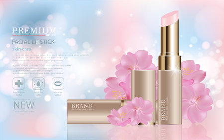 Hydrating facial lipstick for annual sale or festival sale. silver and gold lipstick mask bottle isolated on glitter particles background. Graceful cosmetic ads, illustration.のイラスト素材