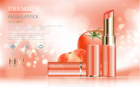 Hydrating facial lipstick for annual sale or festival sale. silver and gold lipstick mask bottle isolated on glitter particles background. Graceful cosmetic ads, illustration.のイラスト素材
