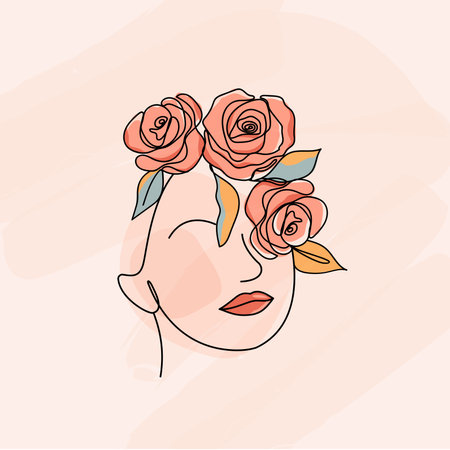 Beauty face with flowers line drawing art minimalism style. Woman with and flowers. vector illustration design.のイラスト素材