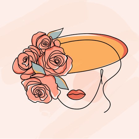 Beauty face with flowers line drawing art minimalism style. Woman with and flowers. vector illustration design.のイラスト素材