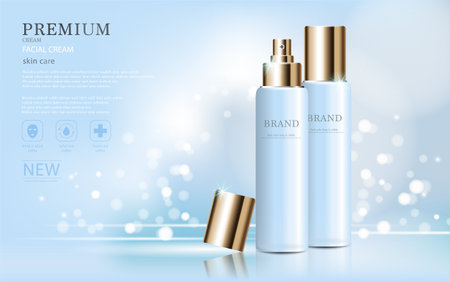 Hydrating facial cream for annual sale or festival sale. silver and gold cream mask bottle isolated on glitter particles background. Graceful cosmetic ads, illustration.のイラスト素材