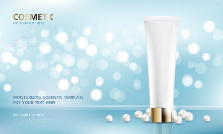 cosmetic product poster, bottle package design with moisturizer cream or liquid, sparkling background with glitter polka, vector design.のイラスト素材