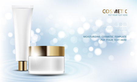 cosmetic product poster, bottle package design with moisturizer cream or liquid, sparkling background with glitter polka, vector design.のイラスト素材