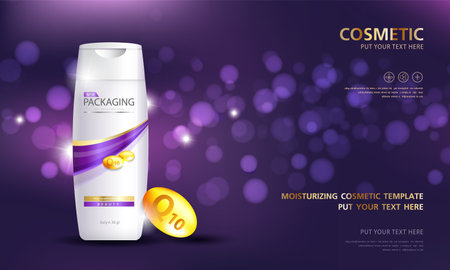 Bottles of shampoo. Cosmetic for design on purple background. Vector illustration.のイラスト素材