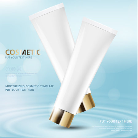 cosmetic product poster, bottle package design with moisturizer cream or liquid, sparkling background with glitter polka, vector design.のイラスト素材