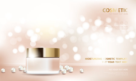 cosmetic product poster, bottle package design with moisturizer cream or liquid, sparkling background with glitter polka, vector design.のイラスト素材