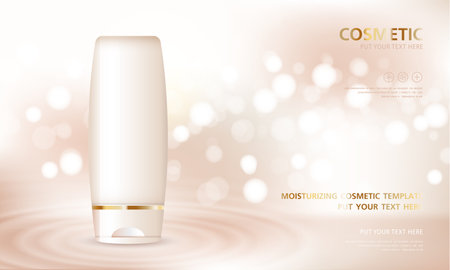 cosmetic product poster, bottle package design with moisturizer cream or liquid, sparkling background with glitter polka, vector design.のイラスト素材