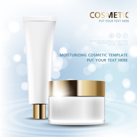 cosmetic product poster, bottle package design with moisturizer cream or liquid, sparkling background with glitter polka, vector design.のイラスト素材