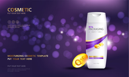 Bottles of shampoo. Cosmetic for design on purple background. Vector illustration.のイラスト素材