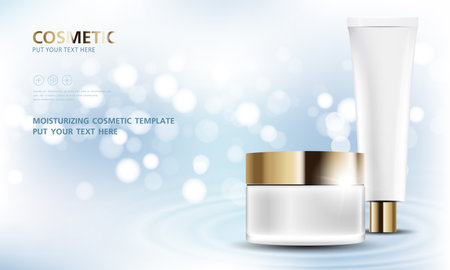 cosmetic product poster, bottle package design with moisturizer cream or liquid, sparkling background with glitter polka, vector design.のイラスト素材