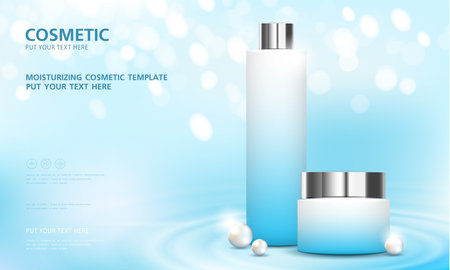 cosmetic product poster, bottle package design with moisturizer cream or liquid, sparkling background with glitter polka, vector design.のイラスト素材
