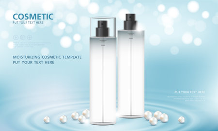 cosmetic product poster, bottle package design with moisturizer cream or liquid, sparkling background with glitter polka, vector design.のイラスト素材