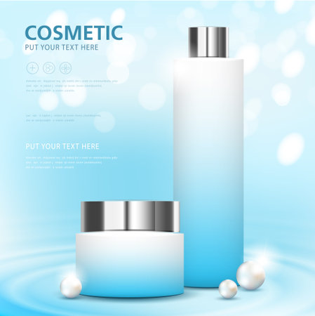 cosmetic product poster, bottle package design with moisturizer cream or liquid, sparkling background with glitter polka, vector design.のイラスト素材