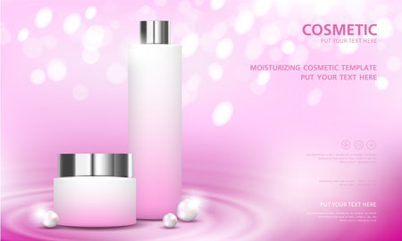 cosmetic product poster, bottle package design with moisturizer cream or liquid, sparkling background with glitter polka, vector design.のイラスト素材