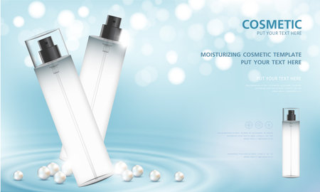 cosmetic product poster, bottle package design with moisturizer cream or liquid, sparkling background with glitter polka, vector design.のイラスト素材