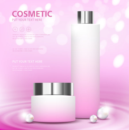 cosmetic product poster, bottle package design with moisturizer cream or liquid, sparkling background with glitter polka, vector design.のイラスト素材