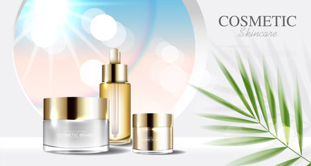 Cosmetics or skin care product ads with bottle, blue background with tropical leaves. vector illustration design.のイラスト素材