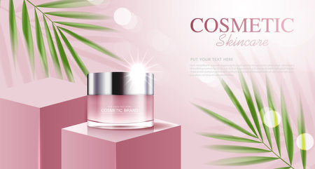 Cosmetics or skin care product ads with bottle, pink background with tropical leaves. vector illustration design.のイラスト素材