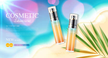 Sunblock ads template, sun protection cosmetic products design with moisturizer cream or liquid, sunshine and the beach background, vector design.のイラスト素材