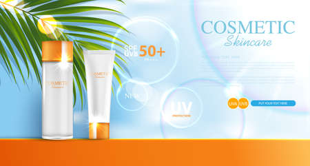 Sunblock ads template, sun protection cosmetic products design with moisturizer cream or liquid, sunshine and the beach background, vector design.のイラスト素材