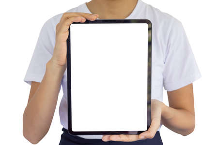 Close-up woman of hand held with digital tablet white screen on sofa in the living room. Concept of technology, connection, communication. isolated on white background.の写真素材