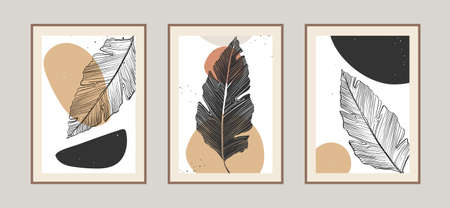 Modern abstract leaves line art background with different shapes for wall decoration, postcard or brochure cover design. Vector illustrations design.のイラスト素材