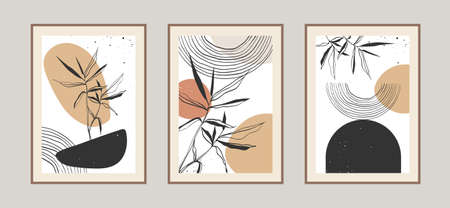 Modern abstract leaves line art background with different shapes for wall decoration, postcard or brochure cover design. Vector illustrations design.のイラスト素材