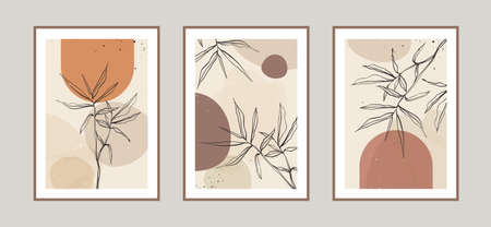Modern abstract leaves line art background with different shapes for wall decoration, postcard or brochure cover design. Vector illustrations design.のイラスト素材