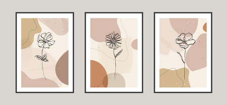 Modern abstract flowers, line art background with different shapes for wall decoration, postcard or brochure cover design. Vector illustrations design.のイラスト素材