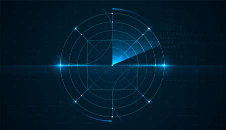 Technological and digital future user interface hud with spinning circles on dark blue background. Realistic radar with targets on monitor in searching. vector illustration design.のイラスト素材