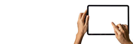 Close-up woman of Left hand held, right hand use finger touches with digital tablet white screen...