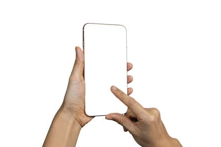 Close-up woman of Left hand held, right hand use finger touches with digital smartphone white screen...