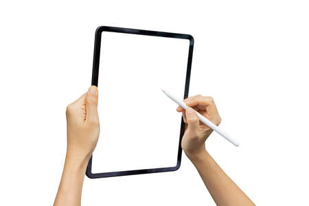 Close-up woman of Left hand held, right hand use smart pen touches with digital tablet white screen isolated on white background. Concept of technology, connection, communication, social.の写真素材