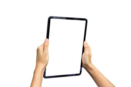 Close-up woman of hand held with digital tablet white screen isolated on white background. Concept of technology, connection, communication, social.の写真素材