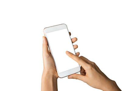 Close-up woman of Left hand held, right hand use finger touches with digital smartphone white screen isolated on white background. Concept of technology, connection, communication, social.の写真素材
