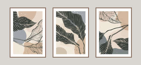 Modern abstract leaves line art background with different shapes for wall decoration, postcard or brochure cover design. Vector illustrations design.のイラスト素材