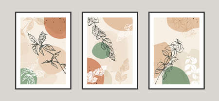 Modern abstract leaves line art background with different shapes for wall decoration, postcard or brochure cover design. Vector illustrations design.のイラスト素材