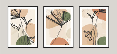 Modern abstract leaves line art background with different shapes for wall decoration, postcard or brochure cover design. Vector illustrations design.のイラスト素材