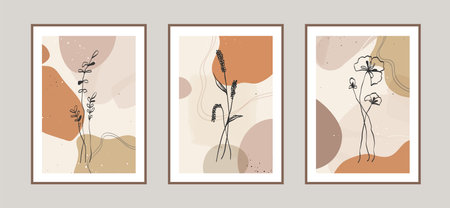 Modern abstract flowers, line art background with different shapes for wall decoration, postcard or brochure cover design. Vector illustrations design.のイラスト素材