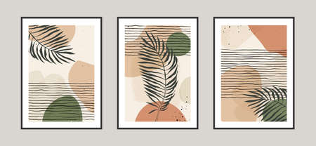 Modern abstract leaves line art background with different shapes for wall decoration, postcard or brochure cover design. Vector illustrations design.のイラスト素材