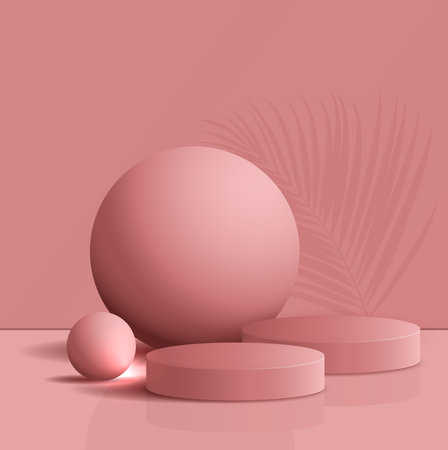 Cosmetic pink background and premium podium display for product presentation branding and packaging presentation. studio stage with shadow of leaf background. vector illustration design.のイラスト素材
