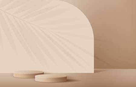 Cosmetic light brown background and premium podium display for product presentation branding and packaging . studio stage with shadow of leaf background. vector illustration design.のイラスト素材