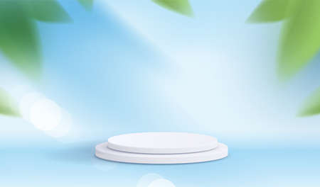 Cosmetic blue background and premium podium display for product presentation branding and packaging . studio stage with shadow of leaf and sky background. vector design.のイラスト素材
