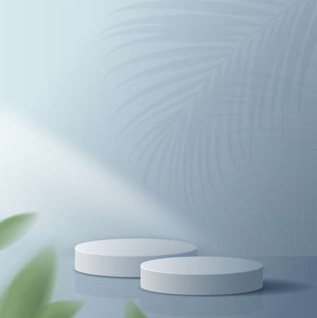 Cosmetic blue background and premium podium display for product presentation branding and packaging presentation. studio stage with shadow of leaf background. vector illustration design.のイラスト素材