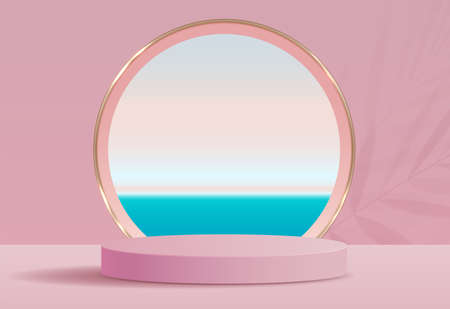 Cosmetic pink background and premium podium display for product presentation branding and packaging . studio stage with shadow of leaf and sea background. vector design.のイラスト素材